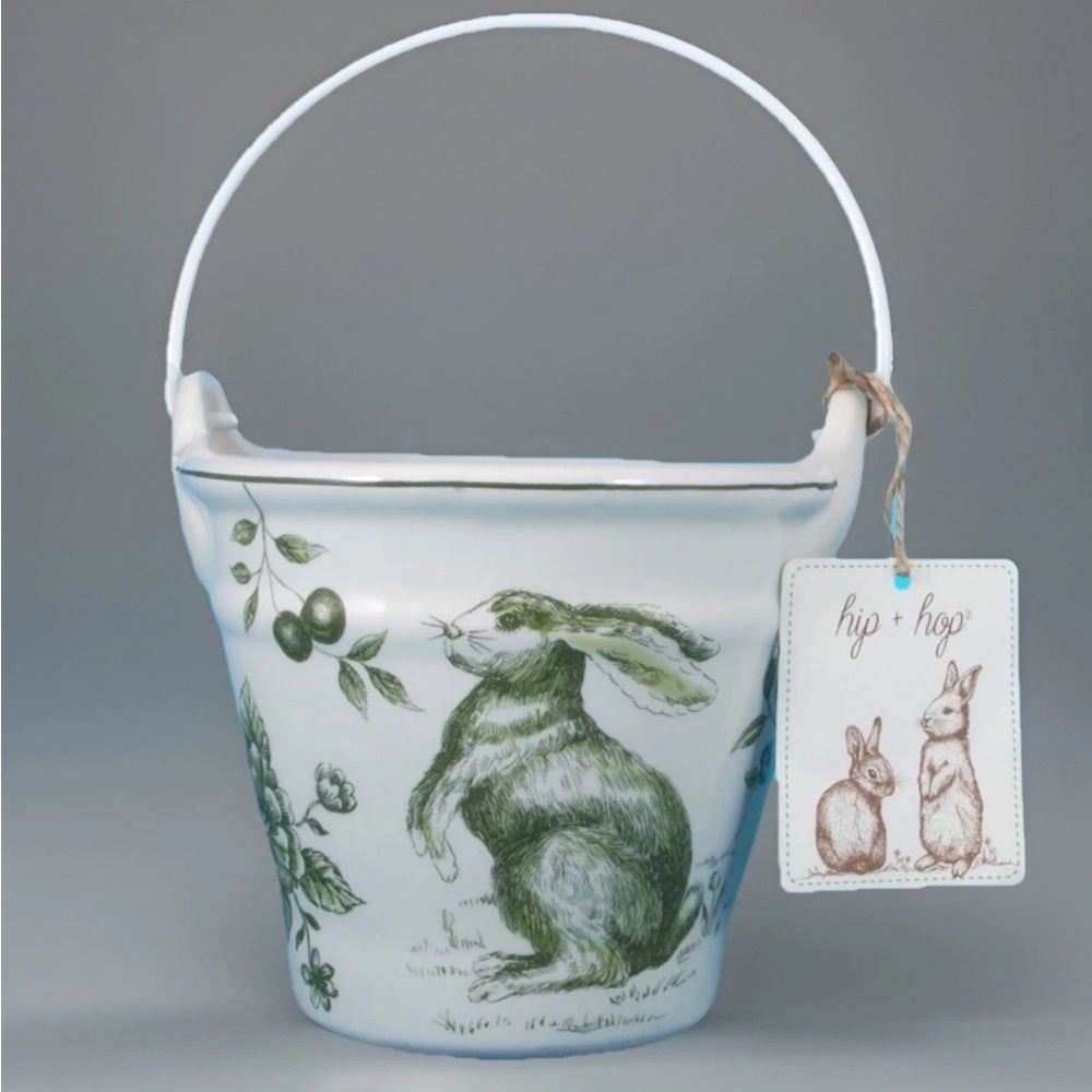Maxcera Hip & Hop Green Toile Easter Bunny Ceramic 4.75” Decorative Bucket New